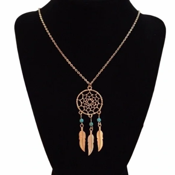 Dreamcatcher Gold Feather Turquoise Charm Necklace - Picture 5 of 5